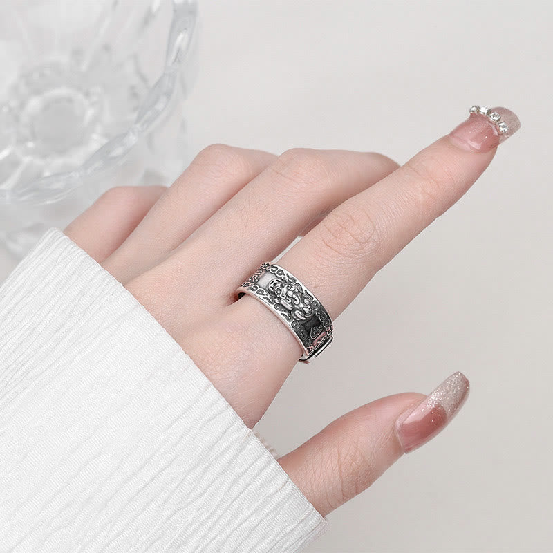 Buddha Stones Anillo ajustable de riqueza con PiXiu esculpido en escritura en plata de ley 925