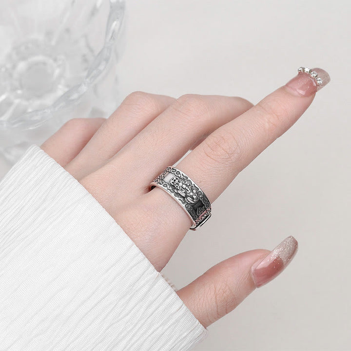Buddha Stones Anillo ajustable de riqueza con PiXiu esculpido en escritura en plata de ley 925