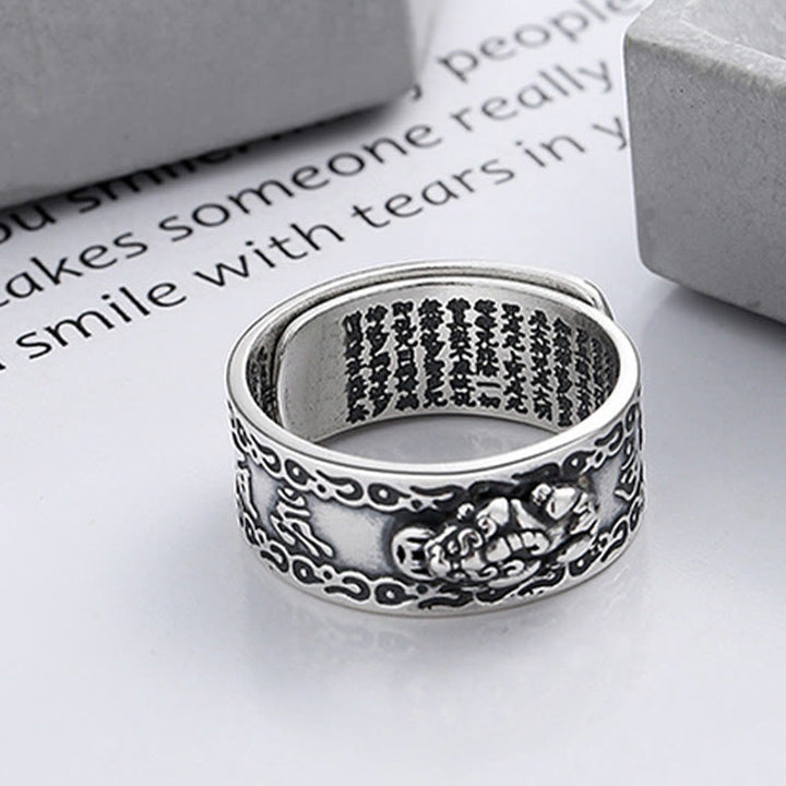 Buddha Stones Anillo ajustable de riqueza con PiXiu esculpido en escritura en plata de ley 925