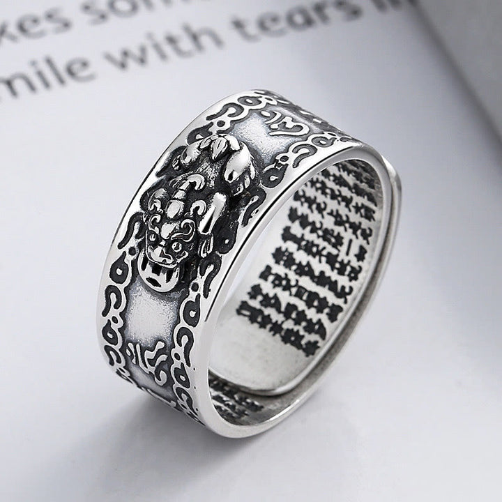 Buddha Stones Anillo ajustable de riqueza con PiXiu esculpido en escritura en plata de ley 925
