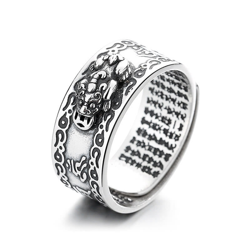 Buddha Stones Anillo ajustable de riqueza con PiXiu esculpido en escritura en plata de ley 925