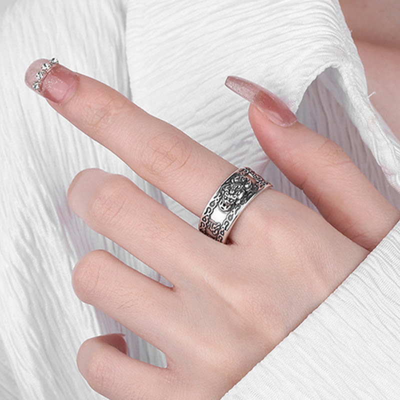 Buddha Stones Anillo ajustable de riqueza con PiXiu esculpido en escritura en plata de ley 925