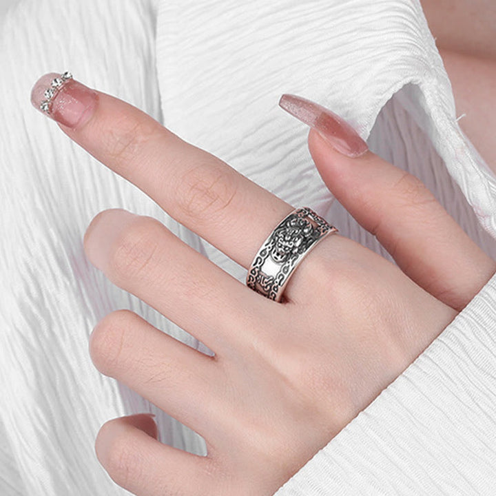 Buddha Stones Anillo ajustable de riqueza con PiXiu esculpido en escritura en plata de ley 925