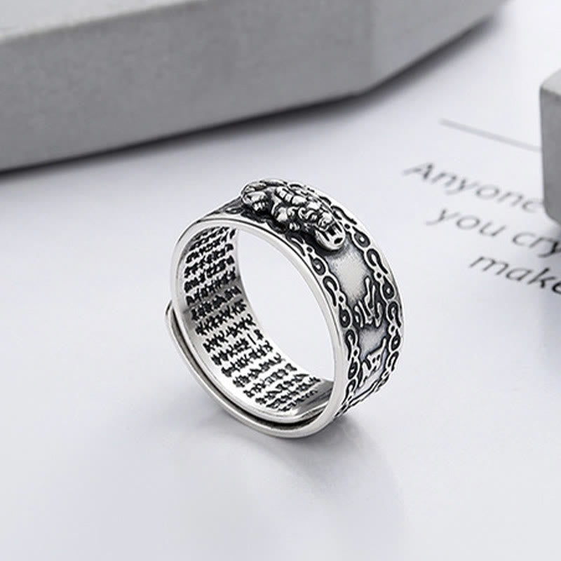 Buddha Stones Anillo ajustable de riqueza con PiXiu esculpido en escritura en plata de ley 925