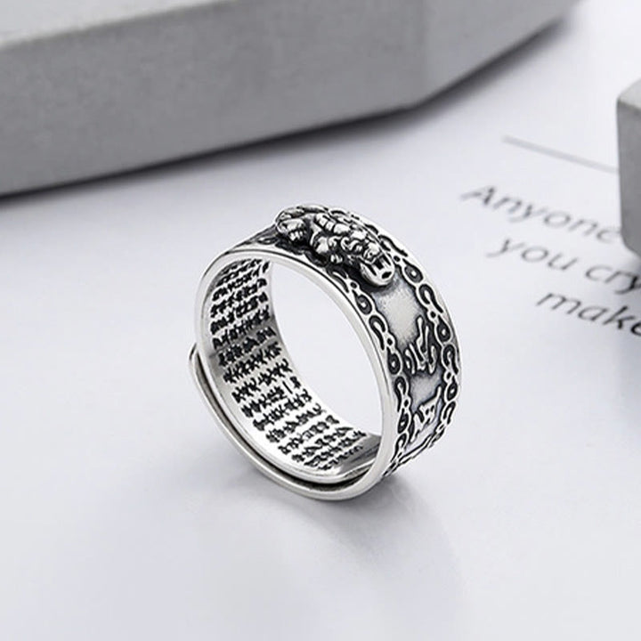 Buddha Stones Anillo ajustable de riqueza con PiXiu esculpido en escritura en plata de ley 925