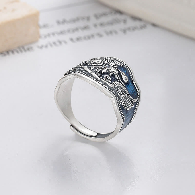 Buddha Stones Anillo Ajustable de Suerte Tallado de Flores de Peonía Fénix de Plata de Ley 925