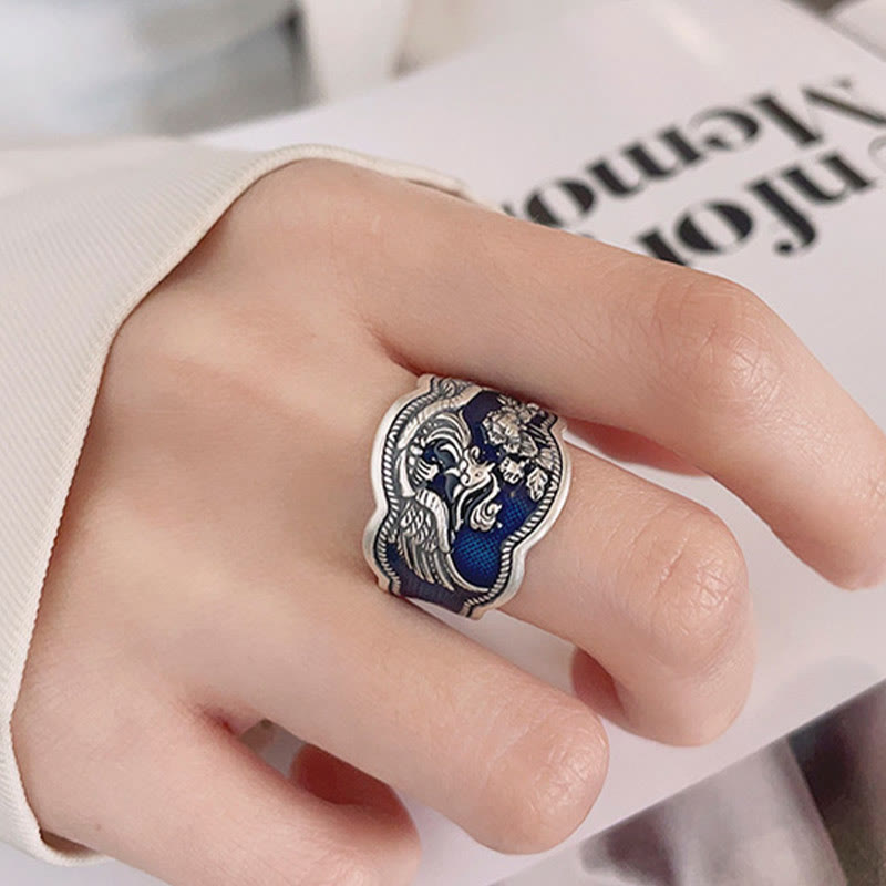 Buddha Stones Anillo Ajustable de Suerte Tallado de Flores de Peonía Fénix de Plata de Ley 925