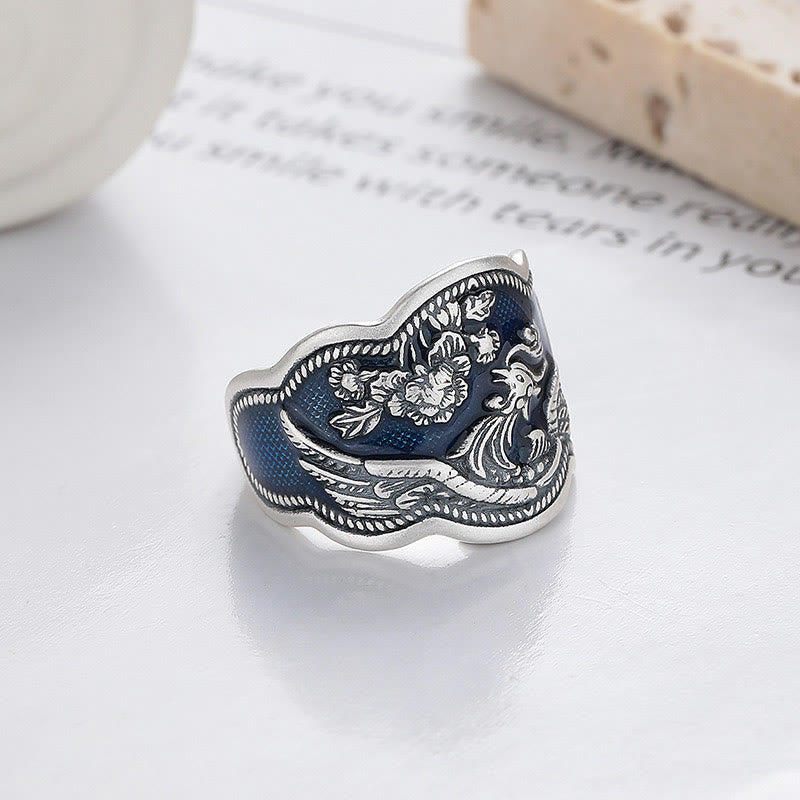 Buddha Stones Anillo Ajustable de Suerte Tallado de Flores de Peonía Fénix de Plata de Ley 925