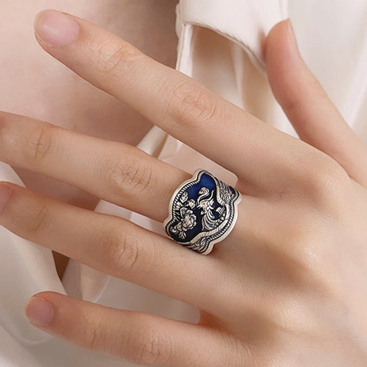 Buddha Stones Anillo Ajustable de Suerte Tallado de Flores de Peonía Fénix de Plata de Ley 925