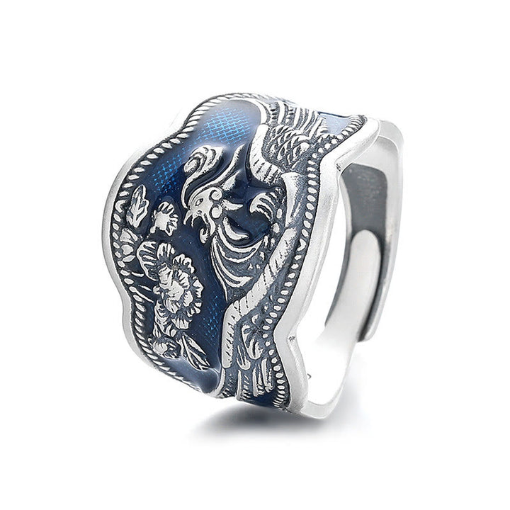 Buddha Stones Anillo Ajustable de Suerte Tallado de Flores de Peonía Fénix de Plata de Ley 925
