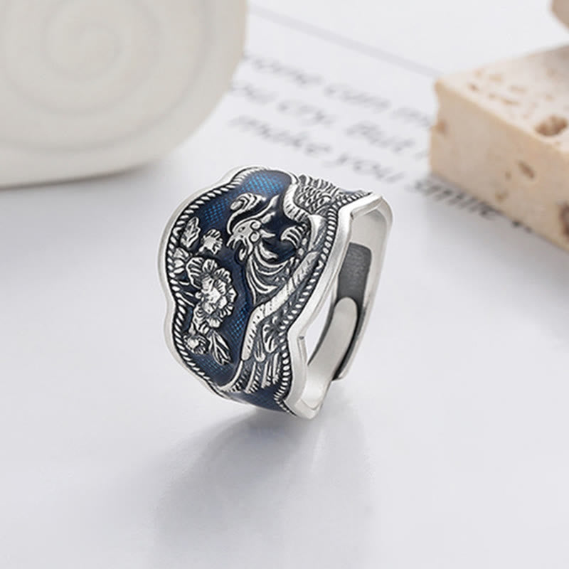 Buddha Stones Anillo Ajustable de Suerte Tallado de Flores de Peonía Fénix de Plata de Ley 925