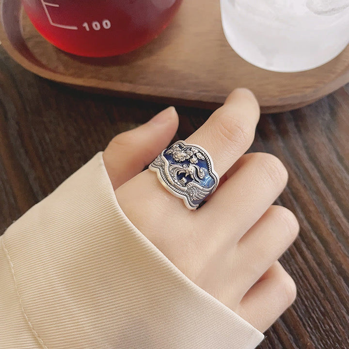 Buddha Stones Anillo Ajustable de Suerte Tallado de Flores de Peonía Fénix de Plata de Ley 925