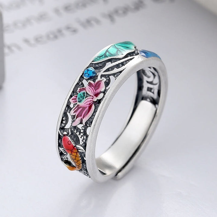 Anillo de pez koi de loto de la suerte de plata esterlina 925 de Buddha Stones, todo va bien