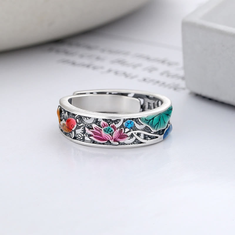 Anillo de pez koi de loto de la suerte de plata esterlina 925 de Buddha Stones, todo va bien