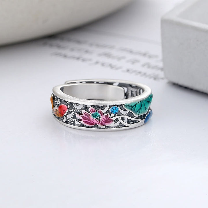 Anillo de pez koi de loto de la suerte de plata esterlina 925 de Buddha Stones, todo va bien