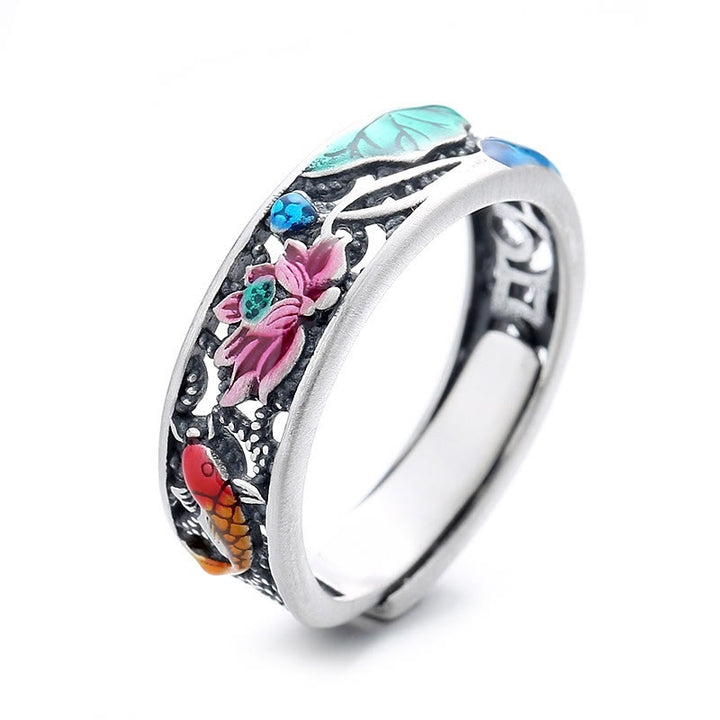 Anillo de pez koi de loto de la suerte de plata esterlina 925 de Buddha Stones, todo va bien