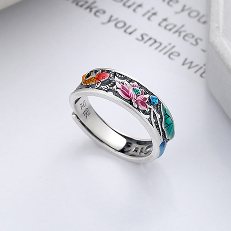 Anillo de pez koi de loto de la suerte de plata esterlina 925 de Buddha Stones, todo va bien