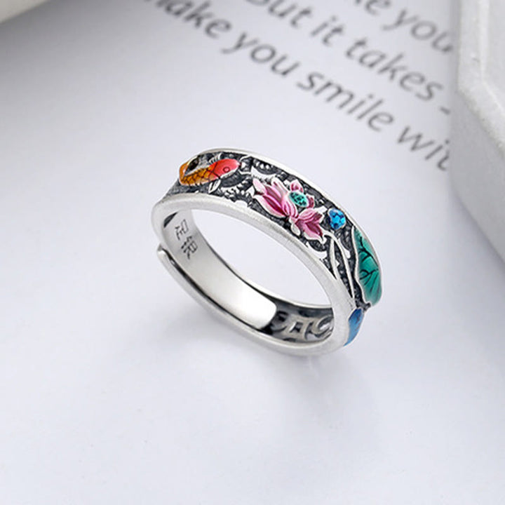 Anillo de pez koi de loto de la suerte de plata esterlina 925 de Buddha Stones, todo va bien