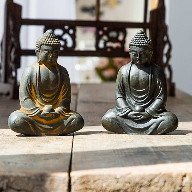 Buddha Stones Estatua de Buda Tibetano Meditando de polvo de hierro y resina fundida con óxido para decoración de serenidad