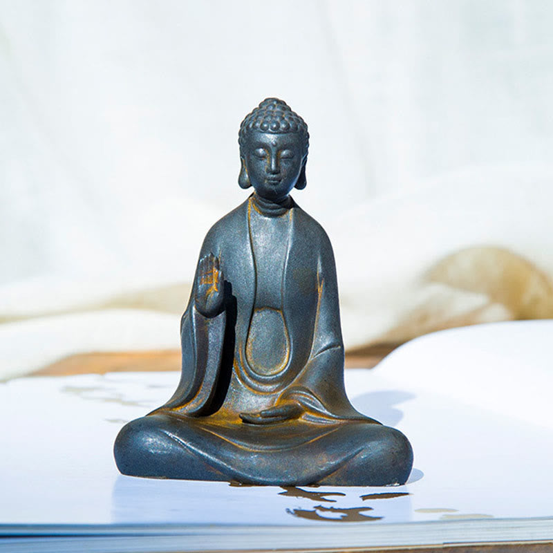 Buddha Stones Estatua de Meditación Artesanal de Buda Sakyamuni de Polvo de Hierro Oxidado Fundido y Resina para Decoración