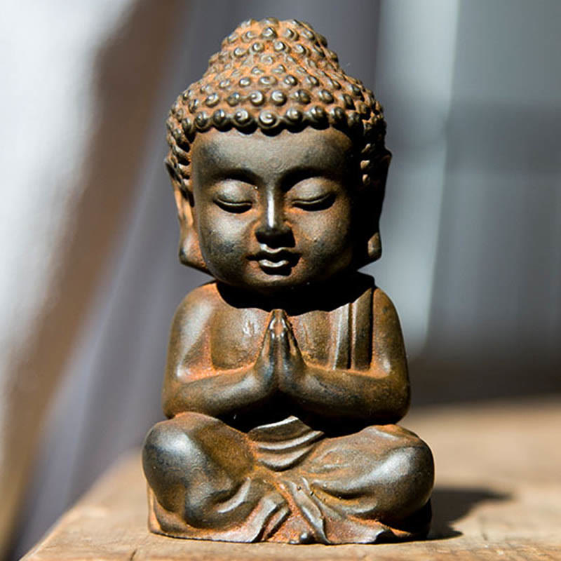 Buddha Stones Estatua de Decoración de Buda Sakyamuni Pequeña Hecha a Mano de Resina Fundida con Óxido de Polvo de Hierro