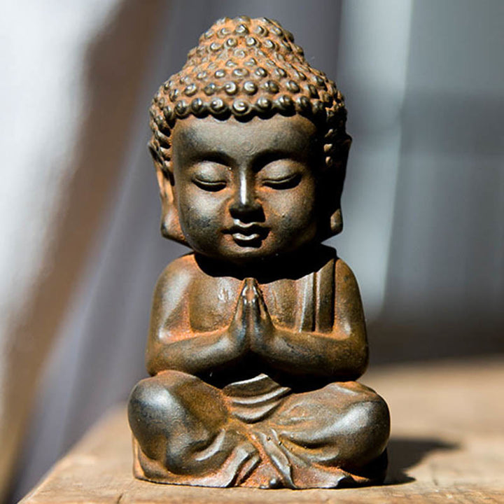 Buddha Stones Estatua de Decoración de Buda Sakyamuni Pequeña Hecha a Mano de Resina Fundida con Óxido de Polvo de Hierro