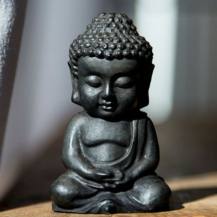 Buddha Stones Estatua de Decoración de Buda Sakyamuni Pequeña Hecha a Mano de Resina Fundida con Óxido de Polvo de Hierro