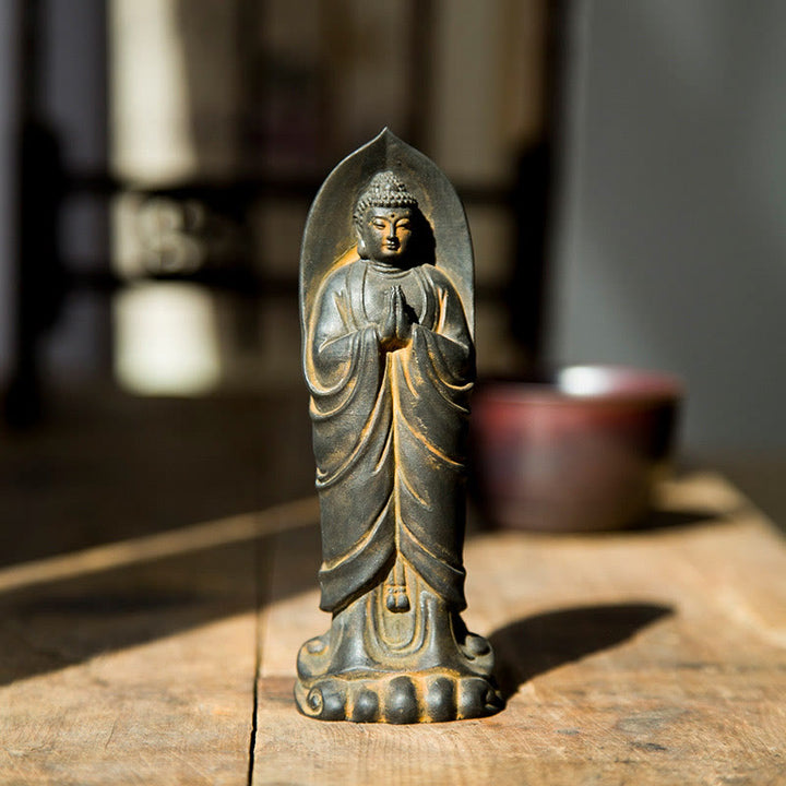 Buddha Stones Estatua de Resina de Polvo de Hierro Oxidado Hecha a Mano de Buda Sakyamuni Namaste