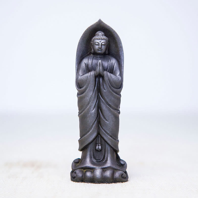 Buddha Stones Estatua de Resina de Polvo de Hierro Oxidado Hecha a Mano de Buda Sakyamuni Namaste - Buda pulido 14,5 x 5 x 3,4 cm - image 12