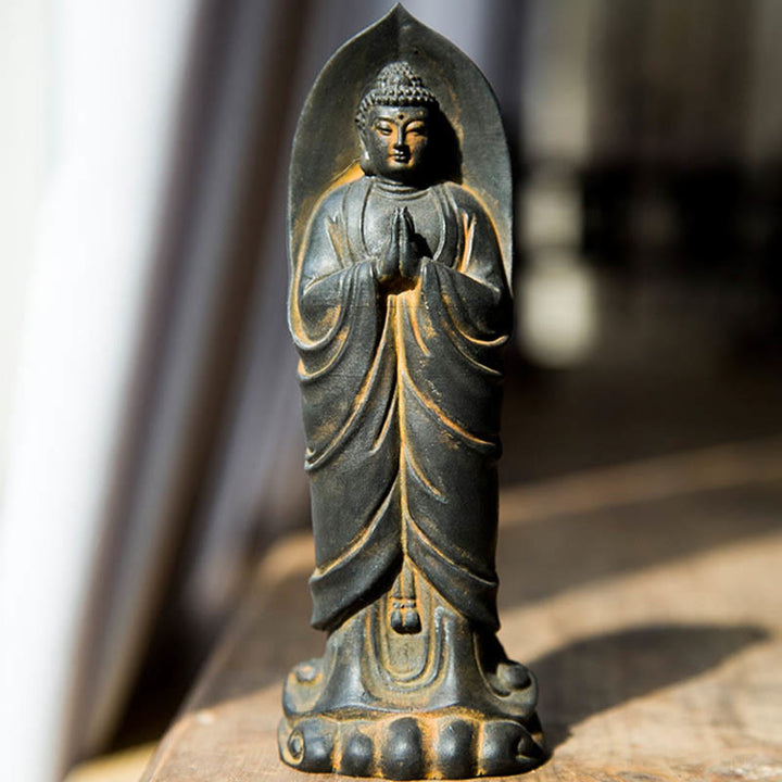 Buddha Stones Estatua de Resina de Polvo de Hierro Oxidado Hecha a Mano de Buda Sakyamuni Namaste