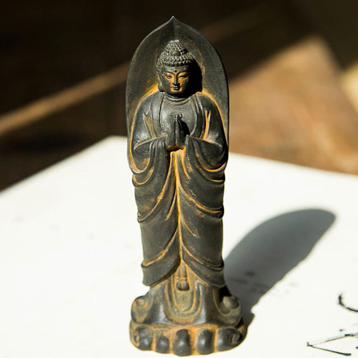 Buddha Stones Estatua de Resina de Polvo de Hierro Oxidado Hecha a Mano de Buda Sakyamuni Namaste