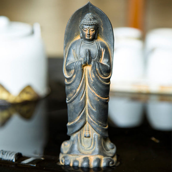 Buddha Stones Estatua de Resina de Polvo de Hierro Oxidado Hecha a Mano de Buda Sakyamuni Namaste
