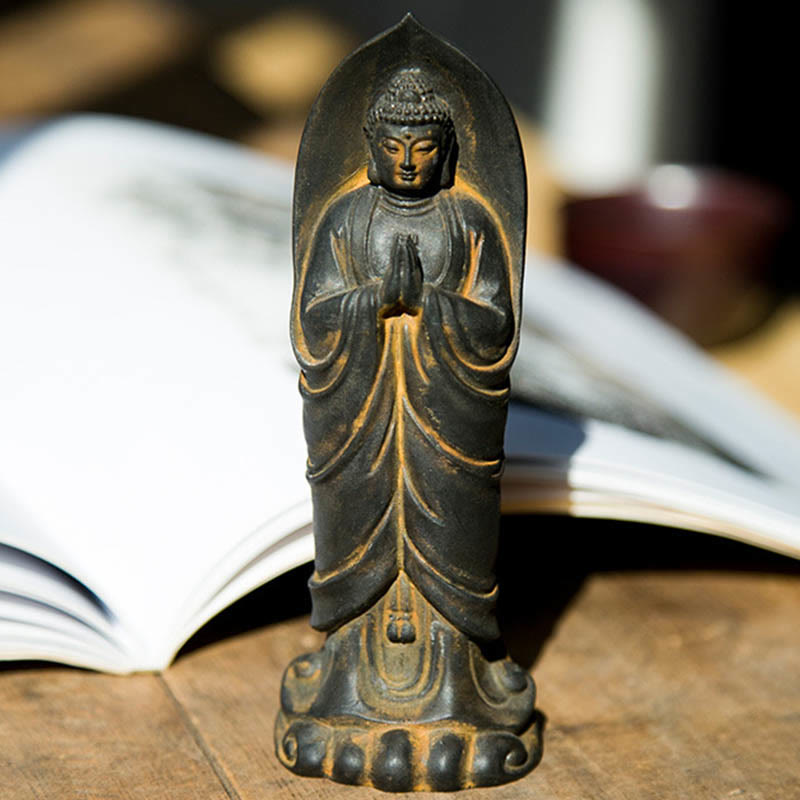 Buddha Stones Estatua de Resina de Polvo de Hierro Oxidado Hecha a Mano de Buda Sakyamuni Namaste