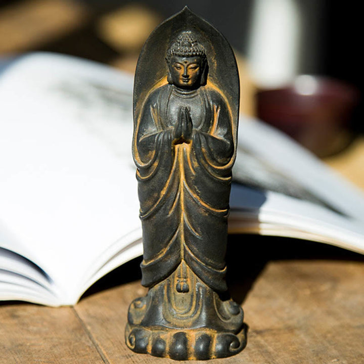 Buddha Stones Estatua de Resina de Polvo de Hierro Oxidado Hecha a Mano de Buda Sakyamuni Namaste