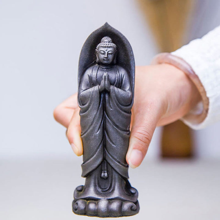 Buddha Stones Estatua de Resina de Polvo de Hierro Oxidado Hecha a Mano de Buda Sakyamuni Namaste