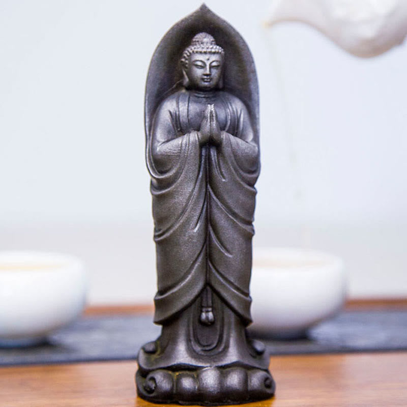 Buddha Stones Estatua de Resina de Polvo de Hierro Oxidado Hecha a Mano de Buda Sakyamuni Namaste