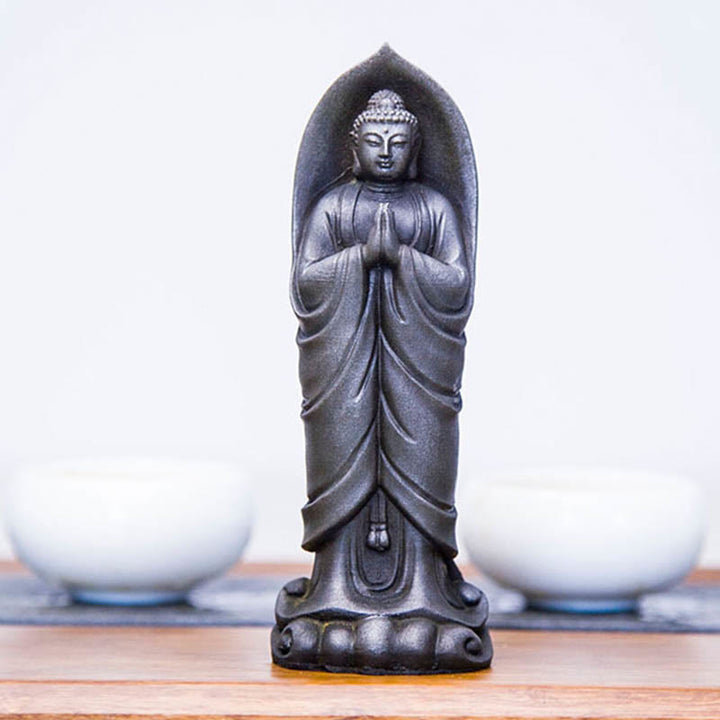 Buddha Stones Estatua de Resina de Polvo de Hierro Oxidado Hecha a Mano de Buda Sakyamuni Namaste