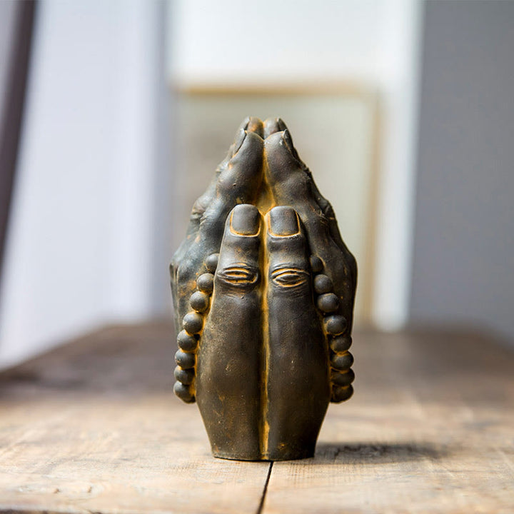 Buddha Stones Estatuilla Hecha a Mano de Buda Mano Namaste Óxido de Polvo de Hierro Resina Fundida Decoración