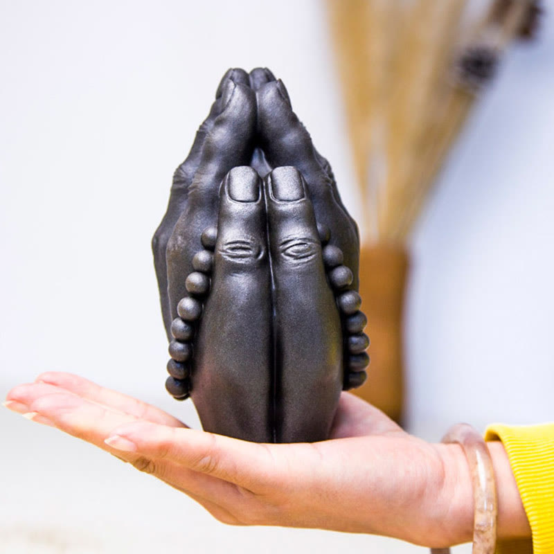 Buddha Stones Estatuilla Hecha a Mano de Buda Mano Namaste Óxido de Polvo de Hierro Resina Fundida Decoración