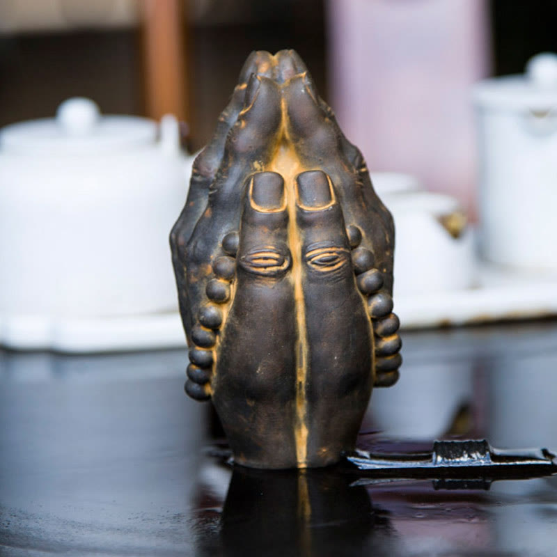 Buddha Stones Estatuilla Hecha a Mano de Buda Mano Namaste Óxido de Polvo de Hierro Resina Fundida Decoración