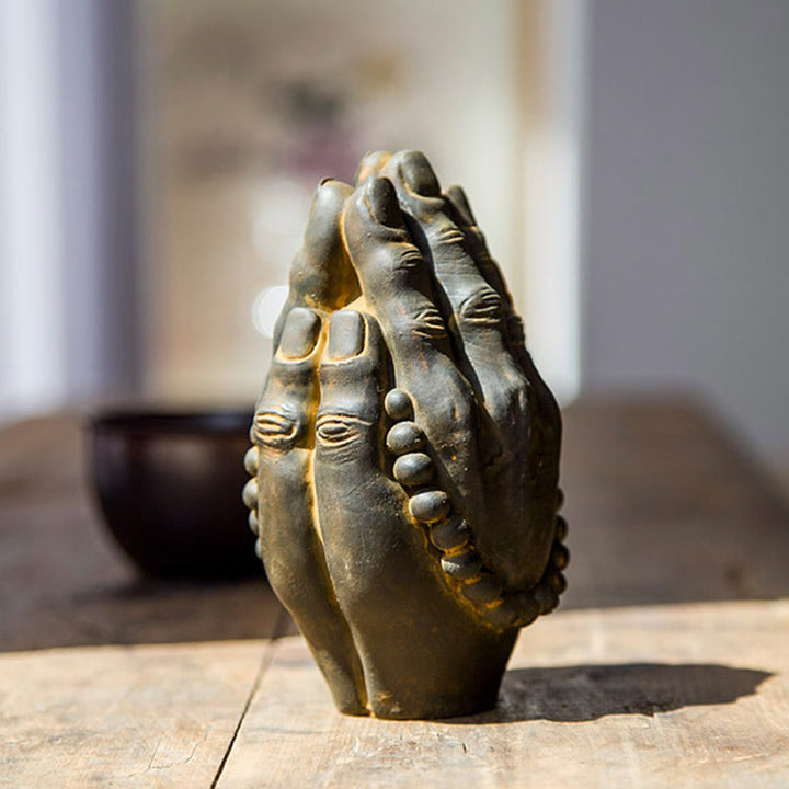 Buddha Stones Estatuilla Hecha a Mano de Buda Mano Namaste Óxido de Polvo de Hierro Resina Fundida Decoración