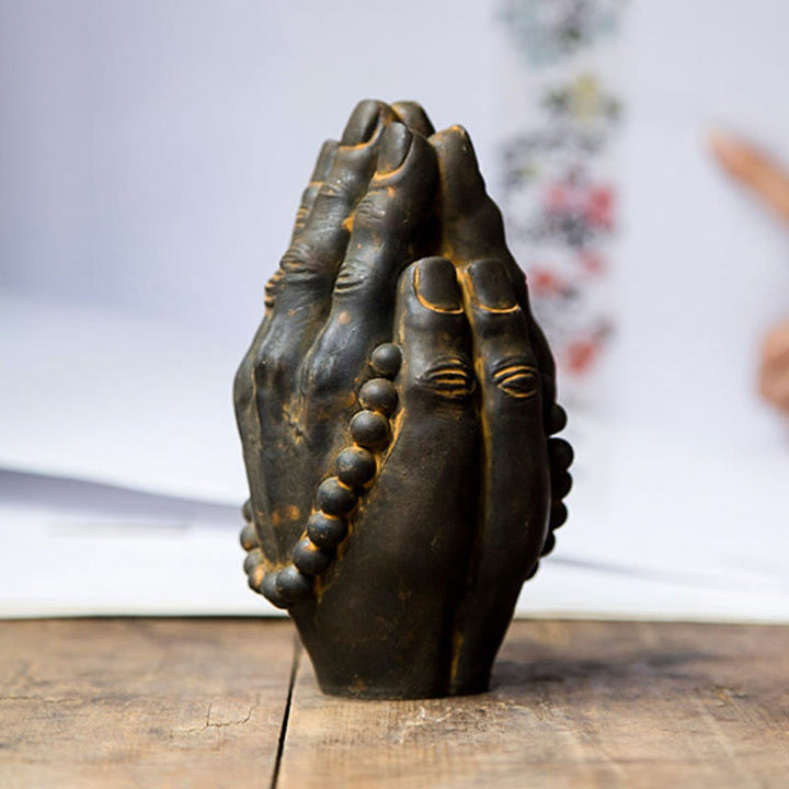 Buddha Stones Estatuilla Hecha a Mano de Buda Mano Namaste Óxido de Polvo de Hierro Resina Fundida Decoración