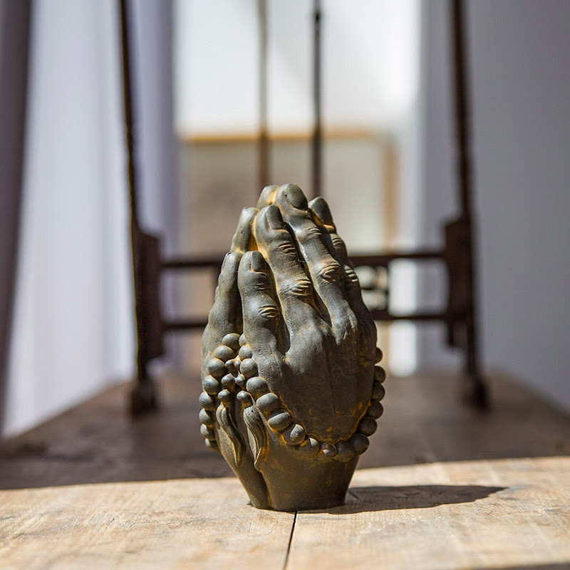 Buddha Stones Estatuilla Hecha a Mano de Buda Mano Namaste Óxido de Polvo de Hierro Resina Fundida Decoración