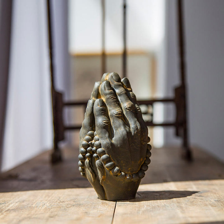 Buddha Stones Estatuilla Hecha a Mano de Buda Mano Namaste Óxido de Polvo de Hierro Resina Fundida Decoración