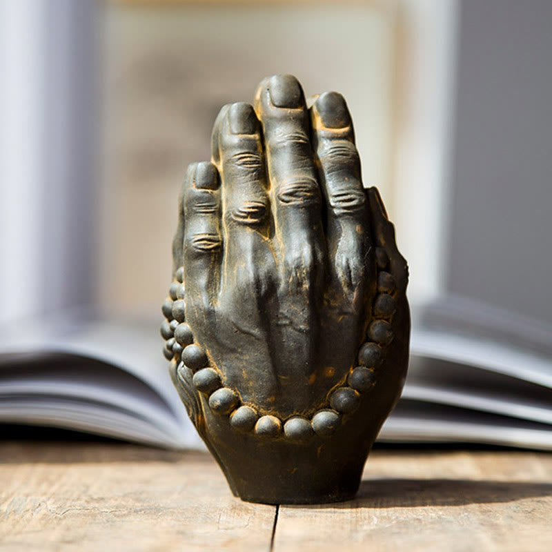 Buddha Stones Estatuilla Hecha a Mano de Buda Mano Namaste Óxido de Polvo de Hierro Resina Fundida Decoración