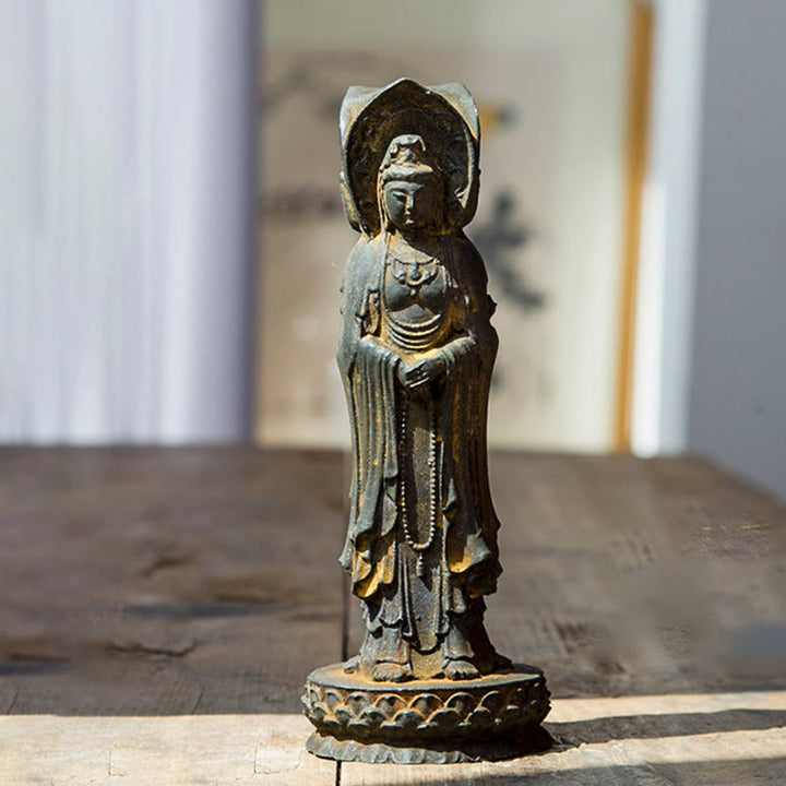 Buddha Stones Estatua de Resina de Polvo de Hierro Oxidado de Avalokitesvara de Kwan Yin de Tres Caras para Decoración de Escritorio de Riqueza