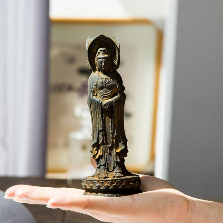 Buddha Stones Estatua de Resina de Polvo de Hierro Oxidado de Avalokitesvara de Kwan Yin de Tres Caras para Decoración de Escritorio de Riqueza