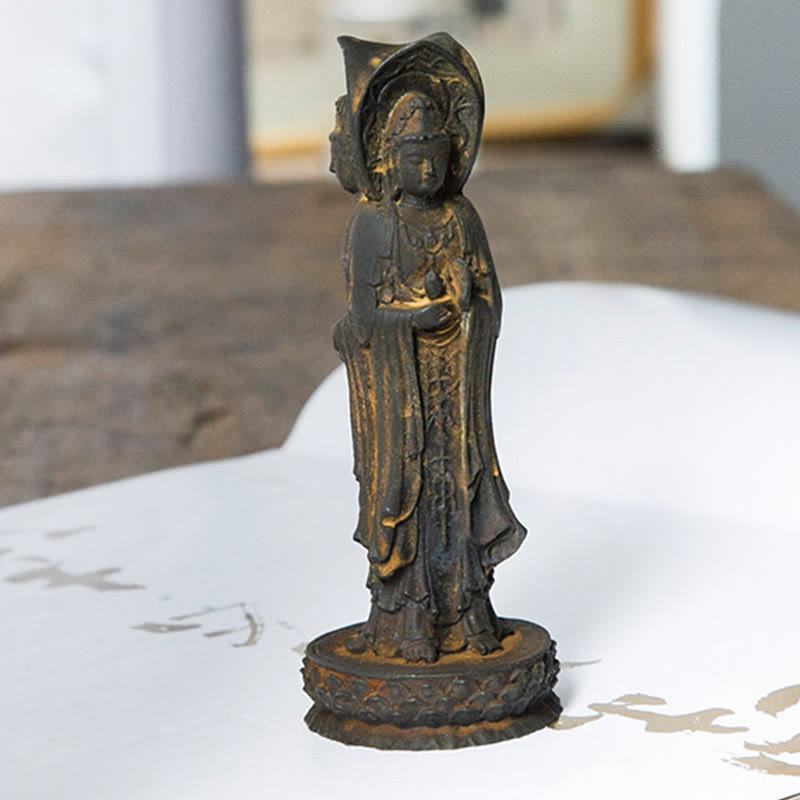 Buddha Stones Estatua de Resina de Polvo de Hierro Oxidado de Avalokitesvara de Kwan Yin de Tres Caras para Decoración de Escritorio de Riqueza