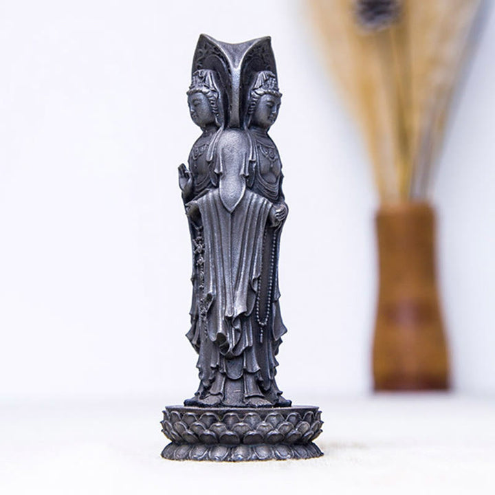 Buddha Stones Estatua de Resina de Polvo de Hierro Oxidado de Avalokitesvara de Kwan Yin de Tres Caras para Decoración de Escritorio de Riqueza