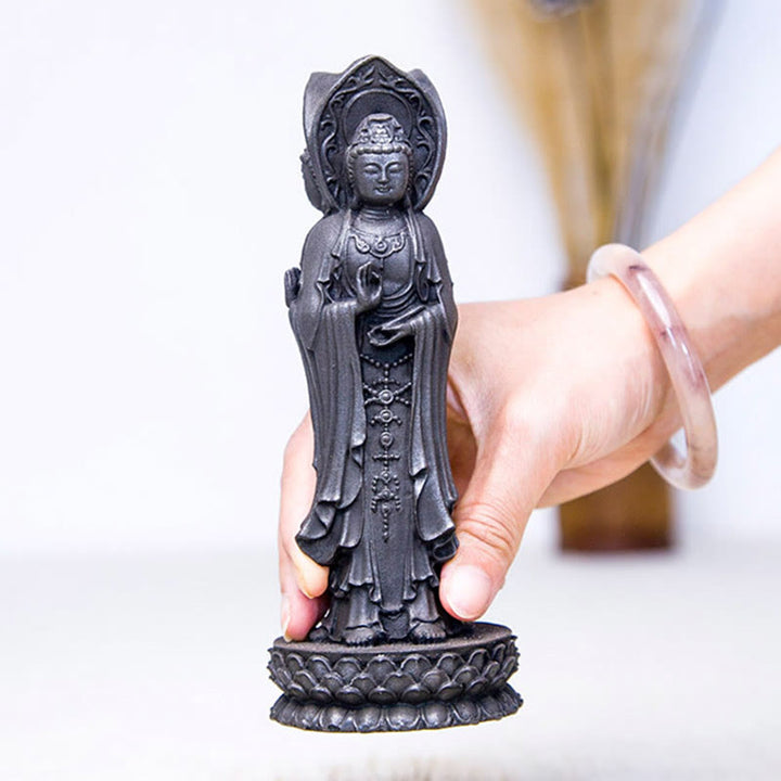 Buddha Stones Estatua de Resina de Polvo de Hierro Oxidado de Avalokitesvara de Kwan Yin de Tres Caras para Decoración de Escritorio de Riqueza